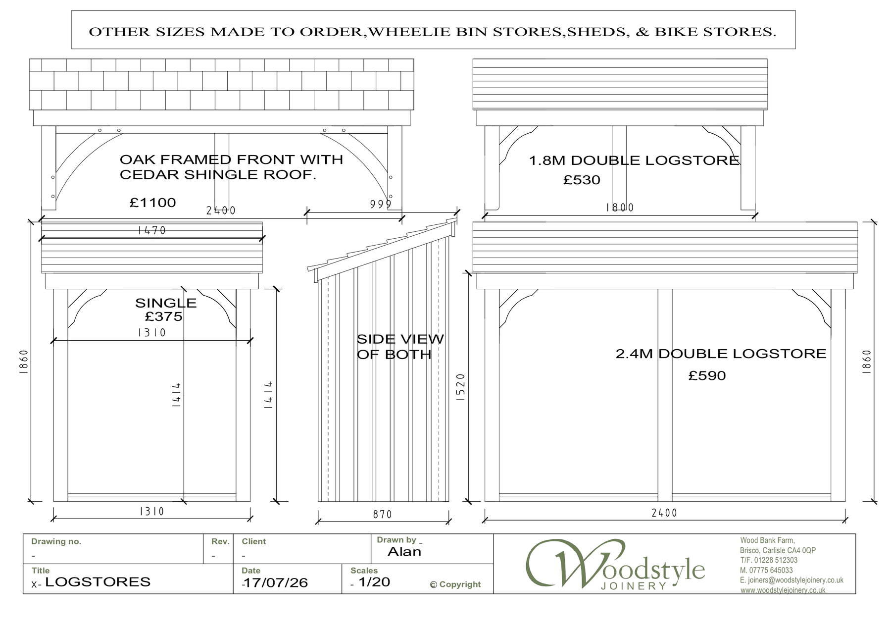 Woodstyle Joinery log store dimensions drawing showing single, 1.8m double, 2.4m double and oak-framed front sizes